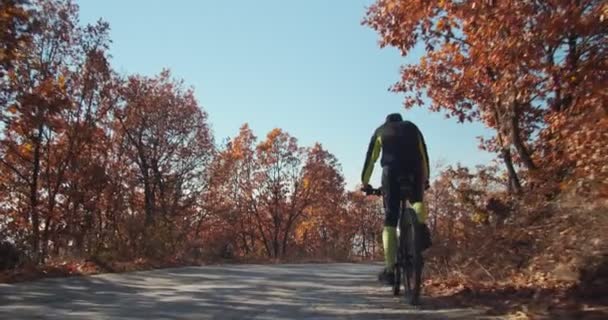 昼間は山の中で自転車に乗る先輩 — ストック動画