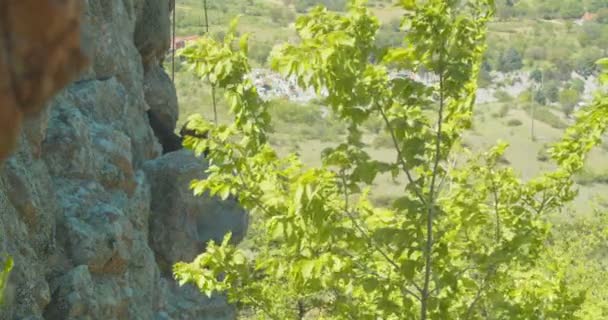 Young Girl Ascending Rocks Sunny Day — Stock Video