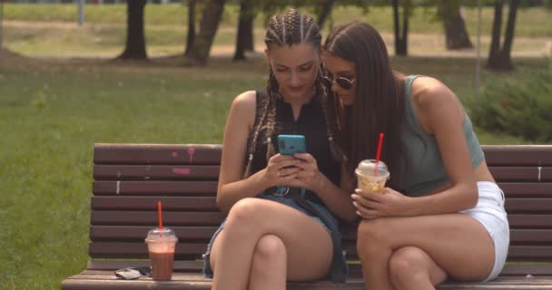 Dois Amigos Conversando Olhando Para Seus Telefones Parque — Vídeo de Stock