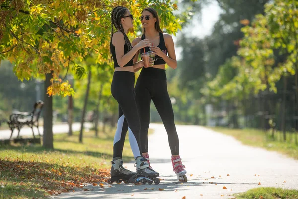 Two Attractive Best Friends Talking Drinking Smoothies Park While Standing — Stock Photo, Image