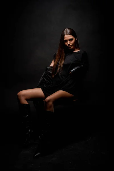 Stylish Young Woman Wearing Black Leather Coat Isolated Black Background — Stock Photo, Image