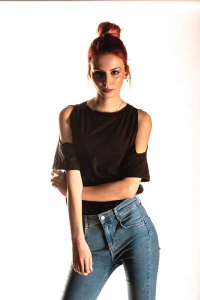 Portrait Sexy Stylish Redhead Girl Posing Trendy Modern Clothes — Stock Photo, Image