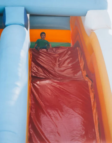 Little Cheerful Kid Enjoying Attractions Local Funfair Park — Stock Photo, Image