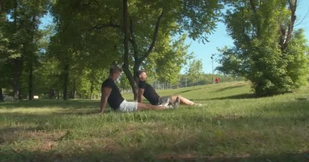 Dos Amigos Practicando Yoga Juntos Parque Día Soleado — Vídeo de stock