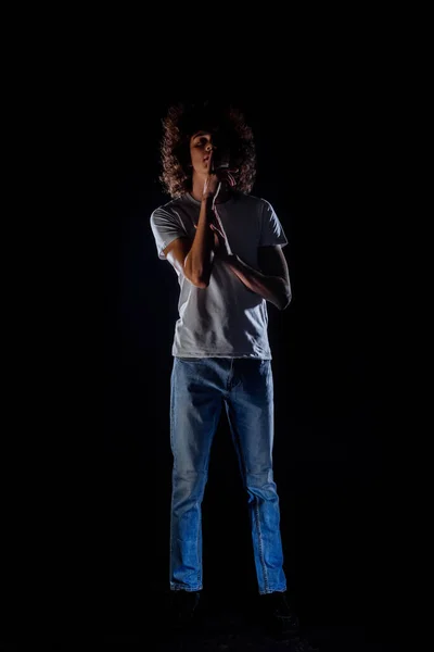 Studio Fashion Portrait Rock Boy Wearing Blue Jeans White Shirt — Stock Photo, Image