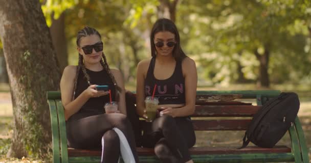 Amici Donne Sedute Una Panchina Nel Parco Una Giornata Sole — Video Stock