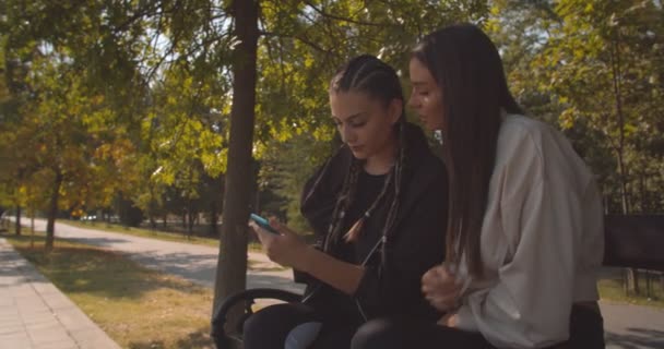 Dos Amigos Hablando Mirando Sus Teléfonos Parque — Vídeos de Stock