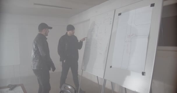 Criminali Che Progettano Colpo Banca Insieme Disegnando Piano Una Mappa — Video Stock