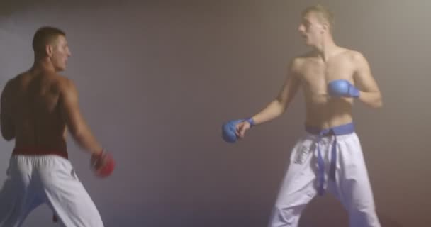 霧の体育館で空手を練習する2人の友人 — ストック動画