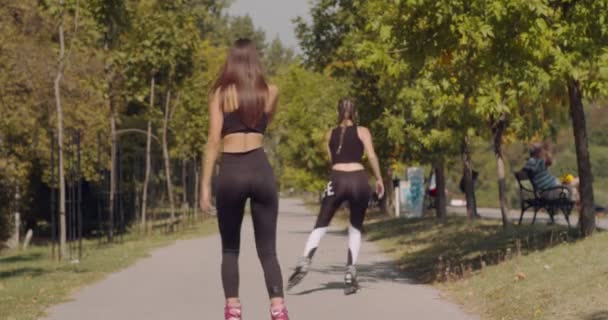 Dos Chicas Patinando Parque Día Soleado — Vídeos de Stock