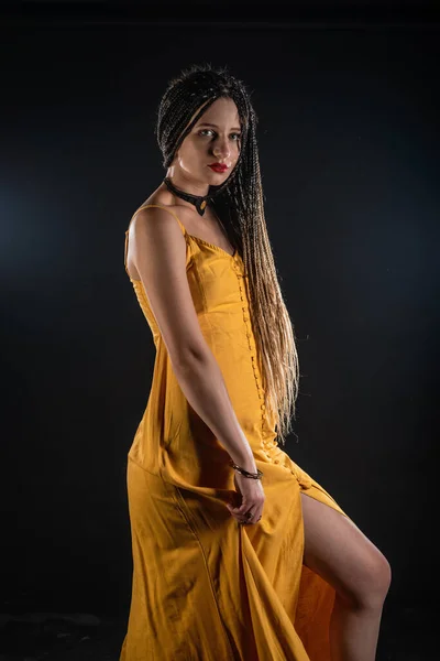 Mystic Ancient Queen Goddess Wearing Yellow Dress Isolated Black Studio — Stock Photo, Image