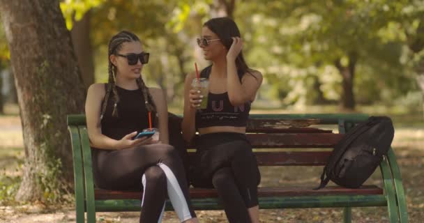 Mujeres Amigas Sentadas Banco Parque Día Soleado — Vídeo de stock