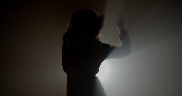 Silhouette Fille Studio Avec Brouillard Rayons Lumineux Dansant — Video