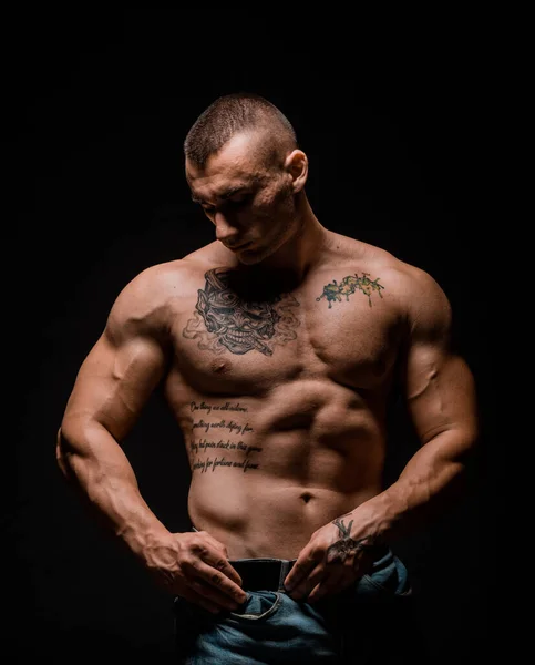 Sporty Man Perfect Body Training Isolated Black Background Strength Motivation — Stock Photo, Image