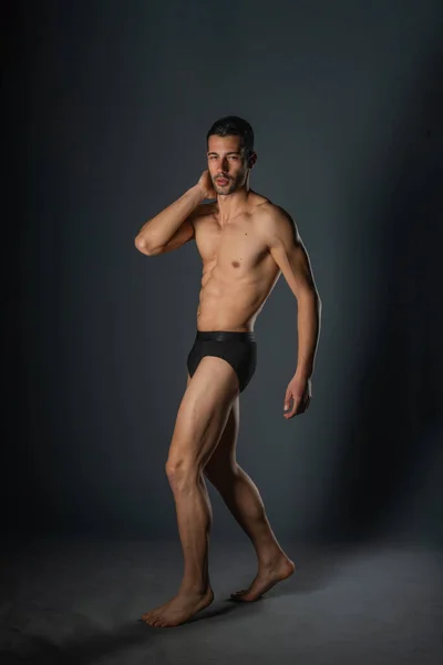 Sexy Man Muscular Body Posing Naked Black Underpants Studio — Stock Photo, Image