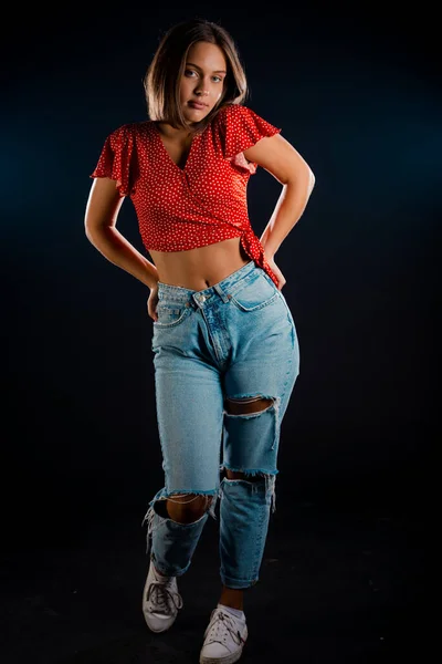 Studio Fashion Portrait Modern Girl Wearing Stylish Denim Pants Red — Stock Photo, Image