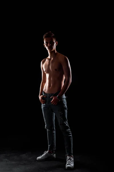 Torso Shot Cool Shirtless Guy Wearing Trendy Blue Jeans — Stock Photo, Image