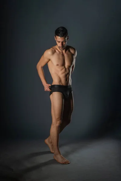 Naked Young Sexy Man Posing Black Underwear Studio — Stock Photo, Image