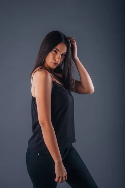 Profile View Confident Young Brunette Posing Black Clothes Studio — Stock Photo, Image