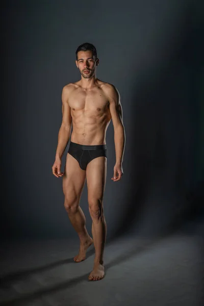 Naked Young Sexy Man Posing Black Underwear Studio — Stock Photo, Image