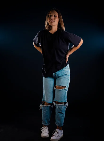 Portrait Female Model Posing Trendy Denim Jeans Black Background — Stock Photo, Image