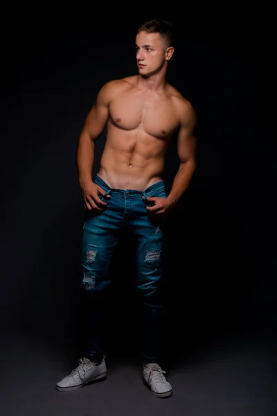 Studio Body Shot Attractive Man Posing Shirtless Blue Denim Pants — Stock Photo, Image