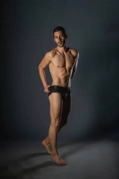 Naked Young Sexy Man Posing Black Underwear Studio — Stock Photo, Image