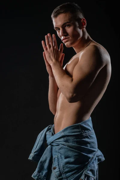 Sexy Man Naked Torso Posing Blue Jeans Denim Jacket His — Stock Photo, Image