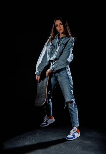 Stylish Young Woman Wearing Blue Denim Pants Cropped Jean Jacket — Stock Photo, Image