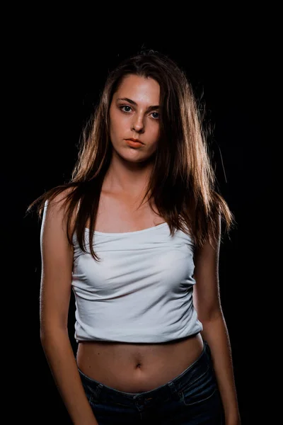 Ritratto Una Bella Modella Femminile Posa Con Shirt Bianca Alla — Foto Stock