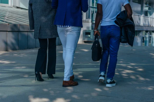 Visão Traseira Completa Colegas Formalmente Vestidos Conversando Enquanto Caminhavam Fora — Fotografia de Stock