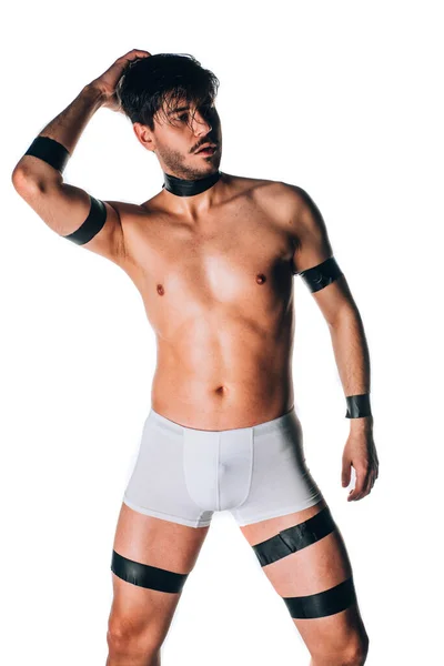 Satin Perfection Skin Confident Young Sportsman Standing White Underwear Showing — Stock Photo, Image