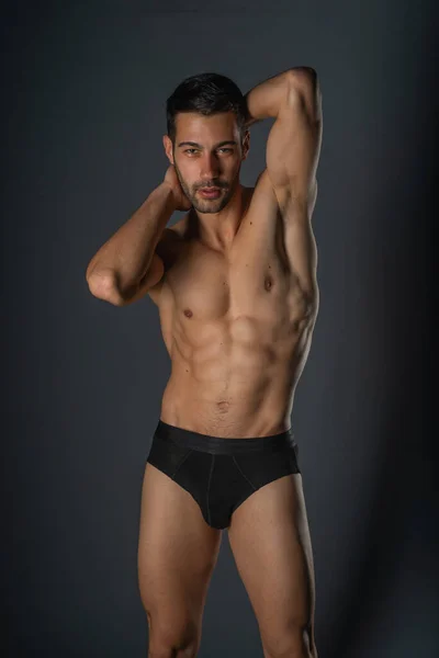 Fashion Close Portrait Handsome Male Bare Torso Posing Black Underwear — Stock Photo, Image
