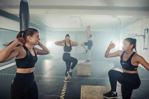 Ženská Skupina Funkční Fitness Trénink Dělat Vestoje Křupky Zvýšit Sportovní — Stock fotografie
