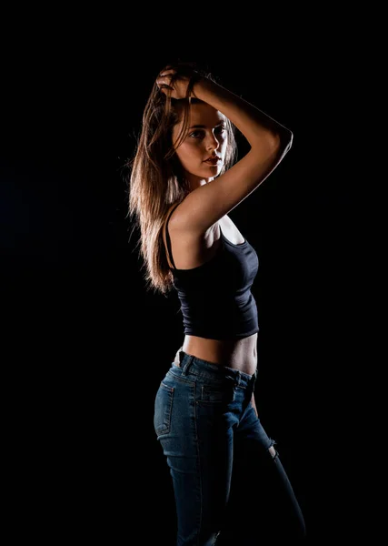 Body Shot Stylish Woman Posing Trendy Ripped Jeans Black Tank — Stock Photo, Image