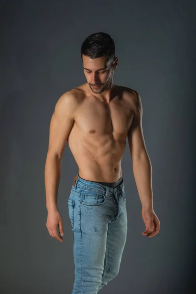 Studio Portrait Shirtless Sexy Man Abs Denim Blue Jeans — Stock Photo, Image