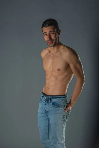 Studio Portrait Shirtless Sexy Man Abs Denim Blue Jeans — Stock Photo, Image