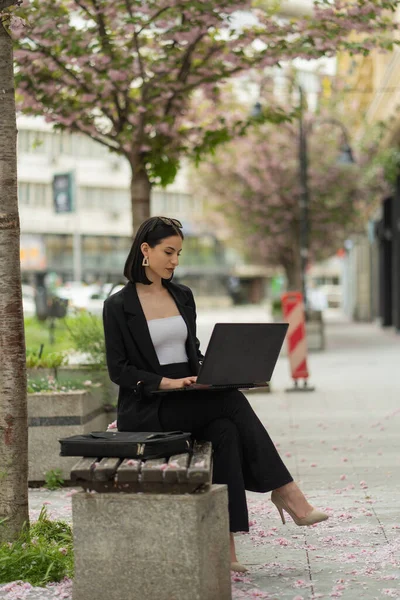 Ελκυστική Επιχειρηματίας Εργάζεται Έξω Στο Laptop Της Ενώ Κάθεται Στον — Φωτογραφία Αρχείου