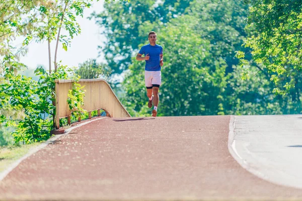 Athletic Young Man Running Race Track Sports Park — Stock Photo, Image