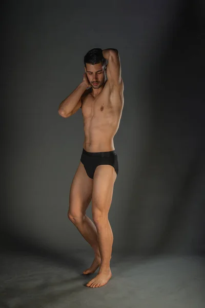 Sexy Man Muscular Body Posing Naked Black Underpants Studio — Stock Photo, Image