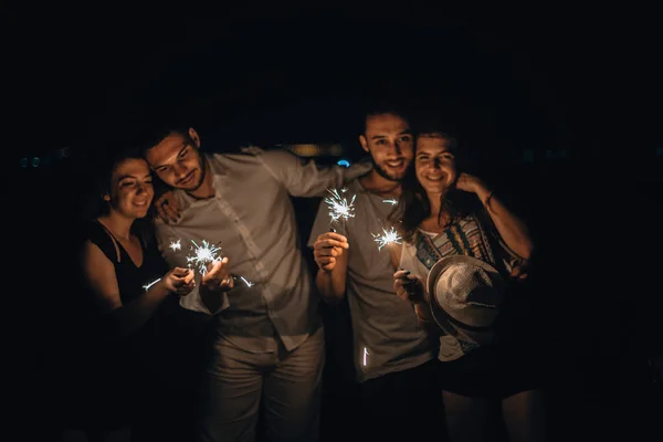 Bengal Fire Sticks Sparkling Burning Elegant Classy Ladies Gentlemens Hands — Stock Photo, Image