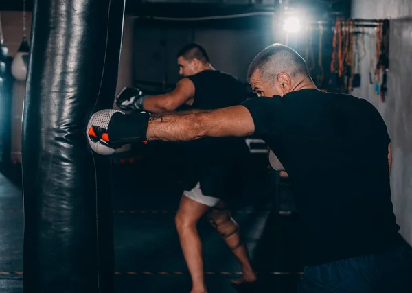 Concept Healthy Lifestyle Young Athlete Fighter Practicing Kicks Punching Bag — Stock Photo, Image