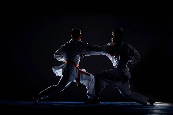 Karate Kampsport Fighters Träning Karate Flyttar Mot Mörk Bakgrund — Stockfoto