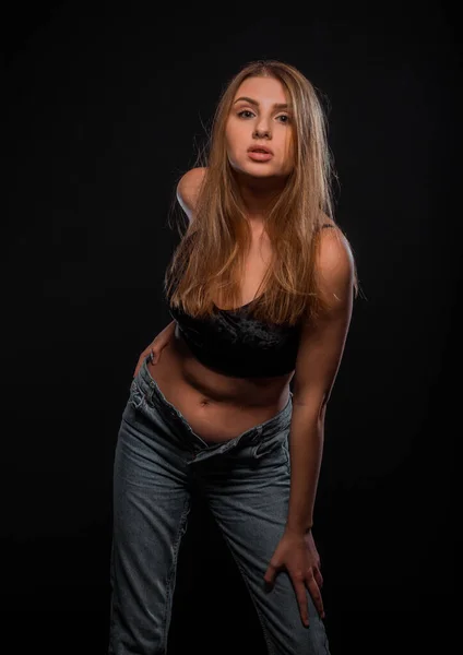 Studio Body Shot Trendy Young Woman Wearing Modern Style Pants — Stock Photo, Image