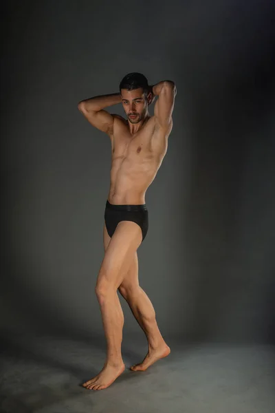 Sexy Man Muscular Body Posing Naked Black Underpants Studio — Stock Photo, Image