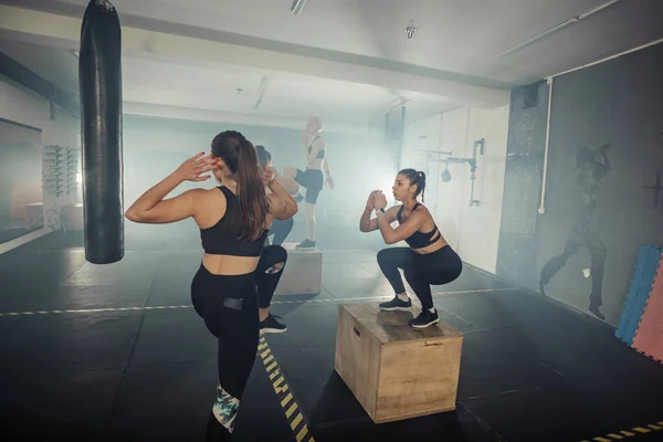 Grupo Femenino Que Tiene Entrenamiento Funcional Fitness Haciendo Crujidos Pie —  Fotos de Stock