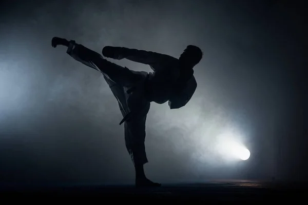 Férfi Fehér Kimonó Fekete Öves Képzés Karate Sötét Háttér — Stock Fotó