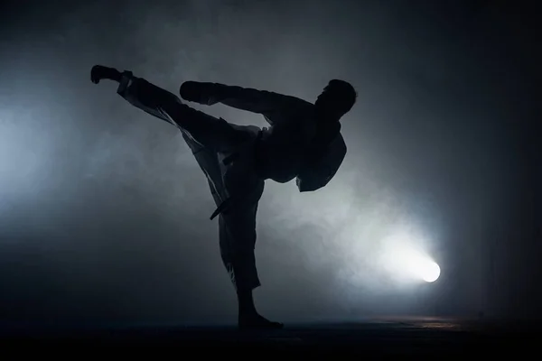 Hombre Kimono Blanco Cinturón Negro Entrenamiento Karate Sobre Fondo Oscuro — Foto de Stock