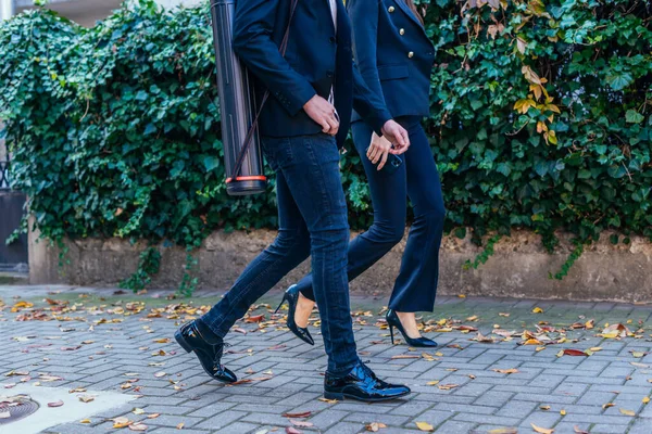 Close Legs Two People Suits Walking Sidewalk Modern City — Stock Photo, Image