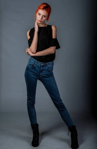 Body Shot Cool Modern Girl Wearing Blue Jeans Black Top — Stock Photo, Image